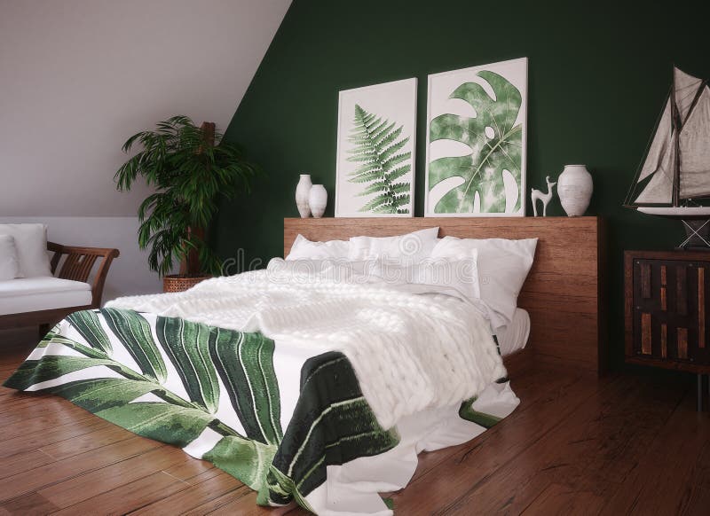 Green Vintage Bedroom Interior Render Stock Illustrations 414 Green