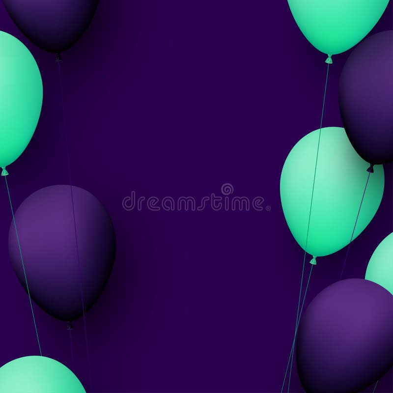 Green and violet balloons with threads on dark violet background vector illustration