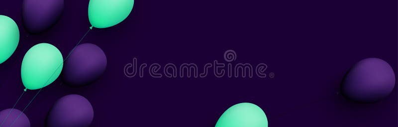 Green and violet balloons with threads on dark violet background stock illustration
