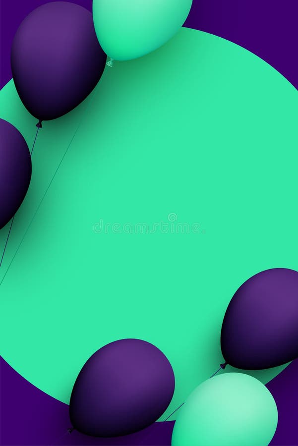 Green and violet balloons with threads on green round background vector illustration