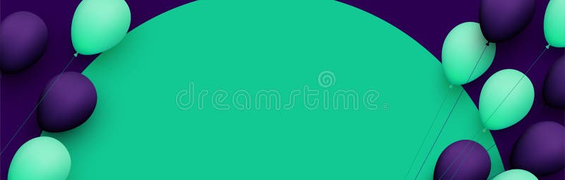 Green and violet balloons with threads on green round background stock illustration