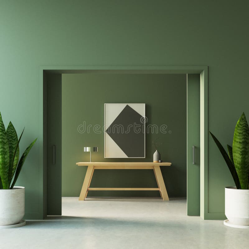 Green Wall Foyer Hallway and Lobby 3D Rendering Stock Illustration