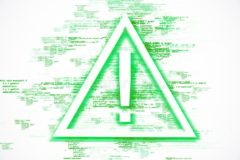 Green warning triangle with an exclamation mark overlaid on computer code in the background, representing a cybersecurity alert or royalty free illustration