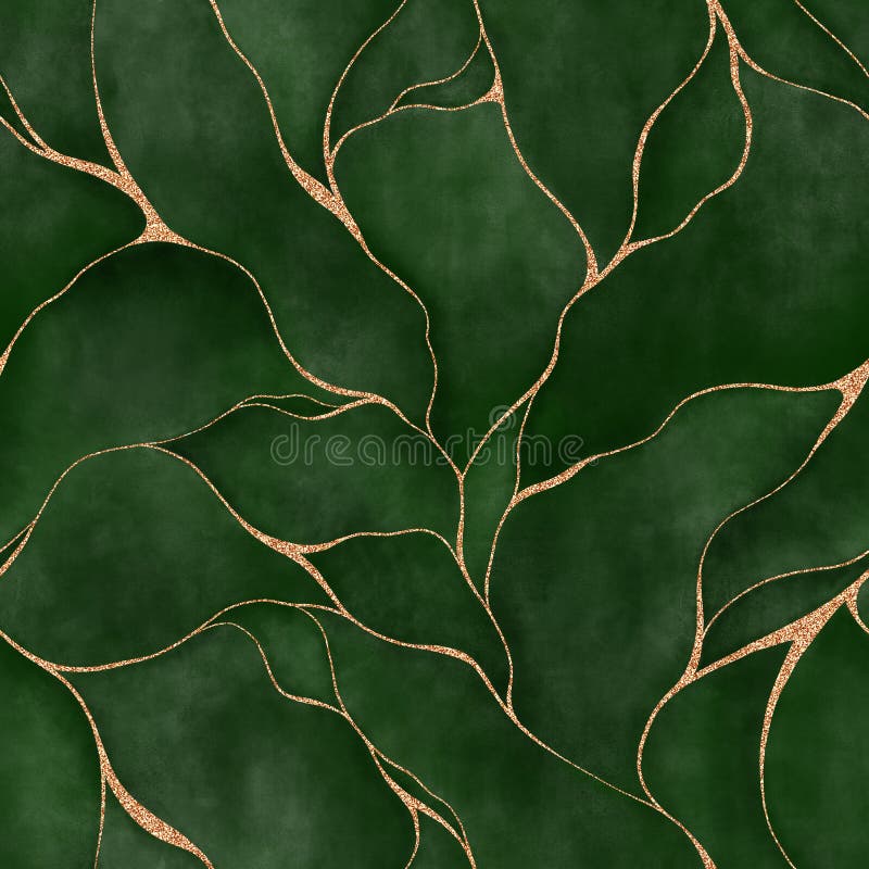 green watercolor background with golden line and Liquid marble texture. Seamless pattern abstract leaf. Modern