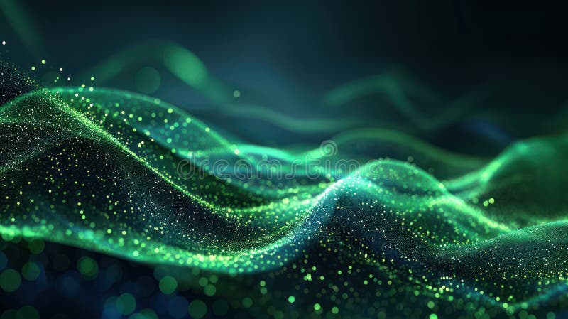 Green Waves with Dots and Lighting on Dark Blue - A Vector Illustration of Abstract and Dynamic Design Elements. royalty free illustration