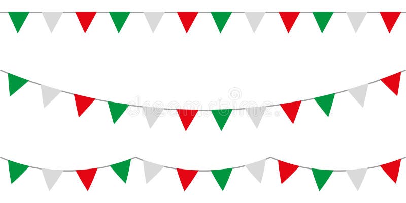 Green White and Red. Multicolored Party Garlands with Pennants. Vector