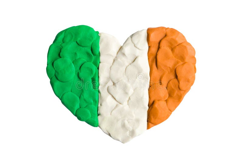 Green, white and red orange flag of Ireland, Irish flag. Heart shape of tricolour flag plasticine modeling clay isolated on white