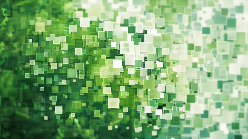 Green and white squares of different sizes on a dark background. AIG51A. AI generated
