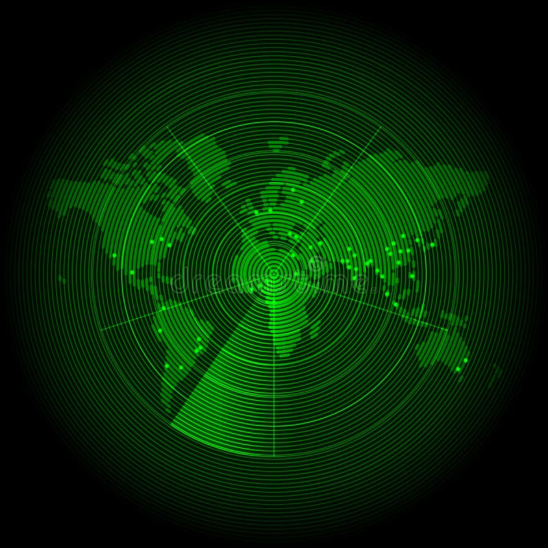 Verde mappa del mondo con una schermata radar illustrazione.