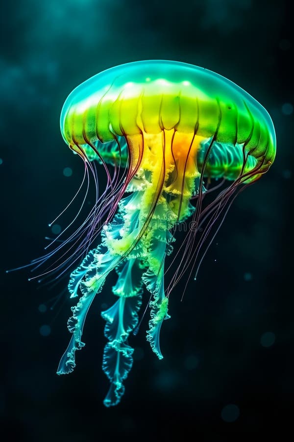 A green and yellow jellyfish floating in the ocean vector illustration