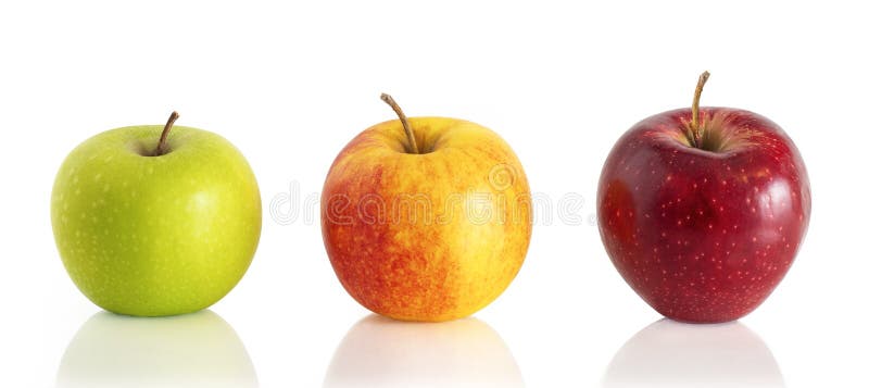 Green, yellow and red apple fruits isolated on white