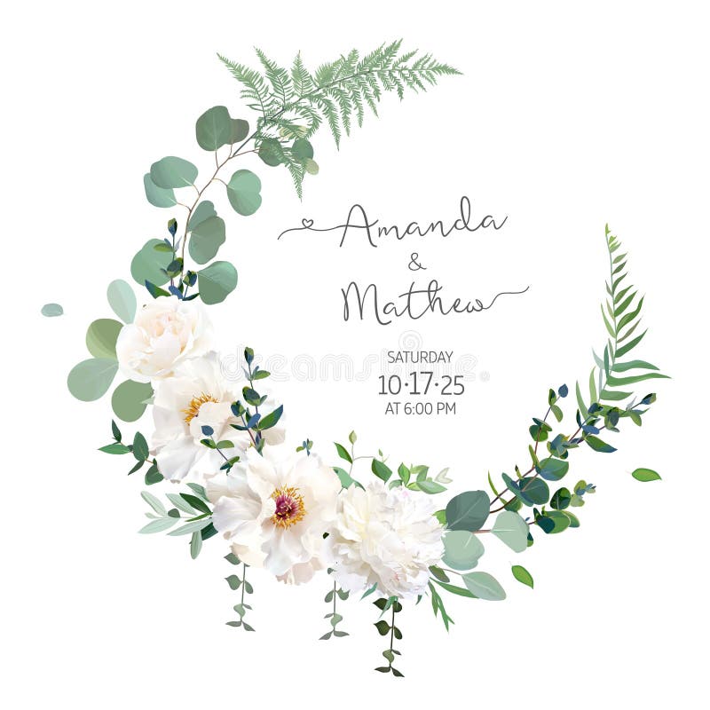 Greenery and white peony, rose flowers vector design round invitation frame