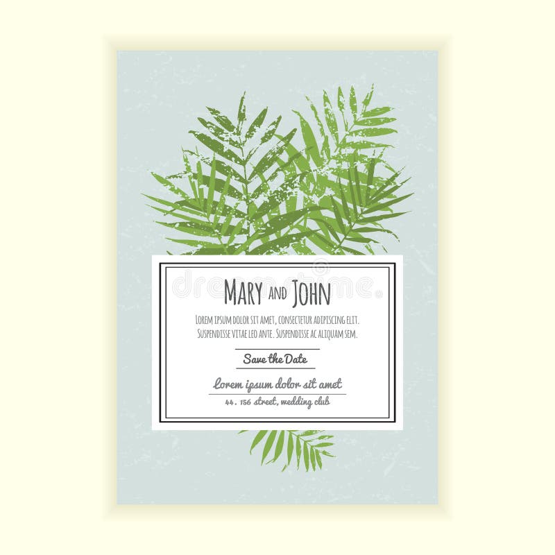 Greenery wedding invitation card. 2017 trendy colors wedding invitation. Card with palm leaves in colors of the year 2017. Greenery wedding invitation card. 2017 trendy colors wedding invitation. Card with palm leaves in colors of the year 2017.