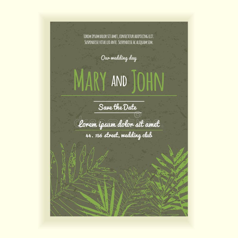 Greenery wedding invitation card. 2017 trendy colors wedding invitation. Card with palm leaves in colors of the year 2017. Greenery wedding invitation card. 2017 trendy colors wedding invitation. Card with palm leaves in colors of the year 2017.