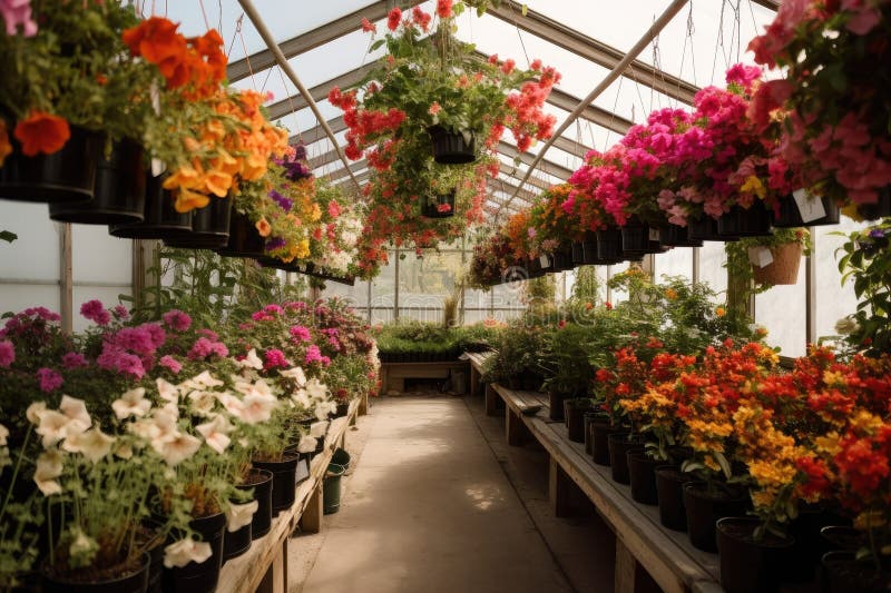 Greenhouse Filled with Hanging Baskets of Vibrant Flowers Stock