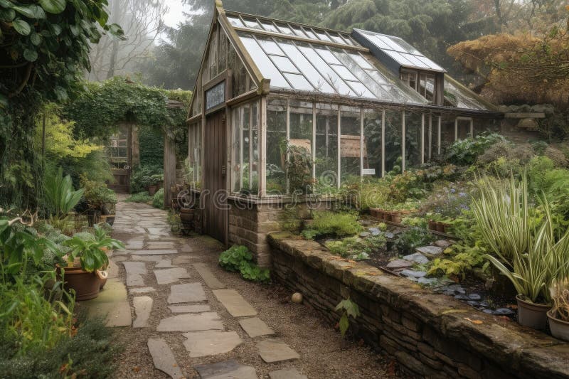 Greenhouse with Plants Spilling Onto Stone Path Stock Photo Image of