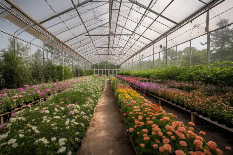 Greenhouse Surrounded by Blooming Flowers and Greenery Stock Image