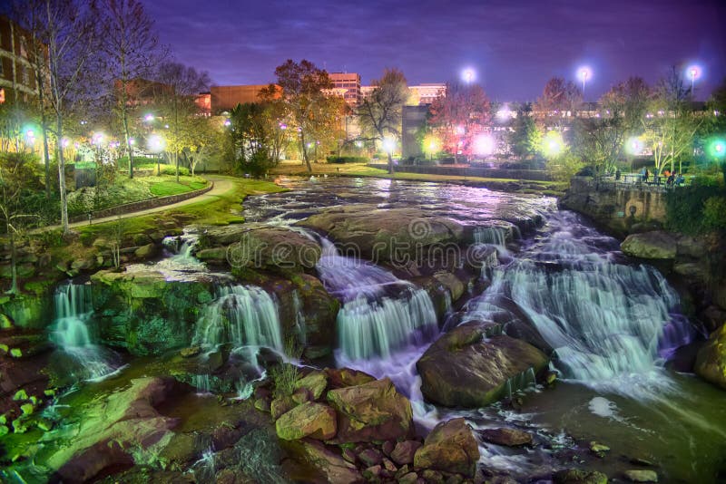 Greenville South Carolina near Falls Park River Walk at nigth.