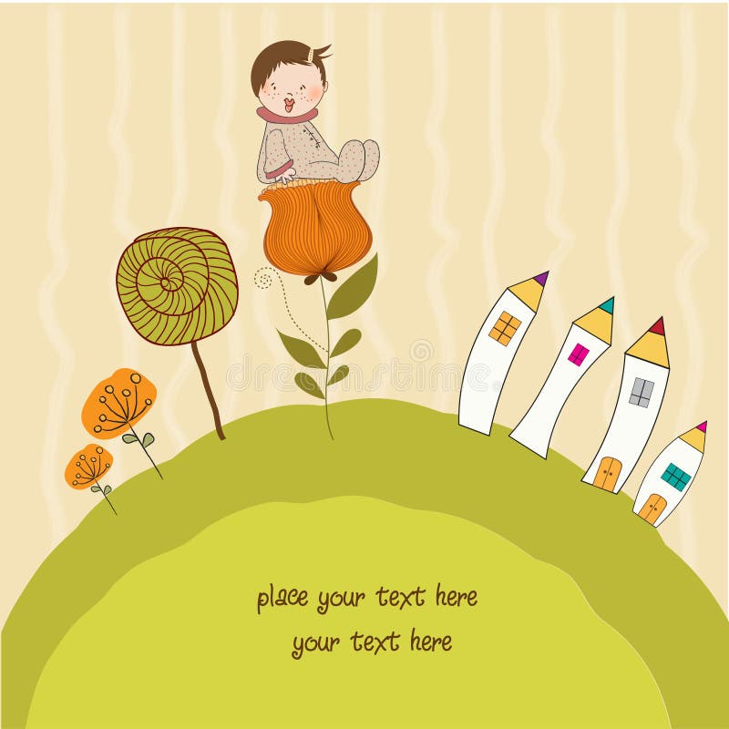 Greeting card with a baby sitting on a flower