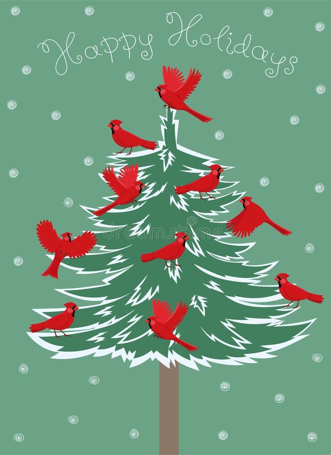 Greeting card with birds red cardinal sitting on the Christmas tree. Vector graphics royalty free illustration Greeting card with birds red cardinal sitting on the Christmas tree. Vector graphics royalty free illustration