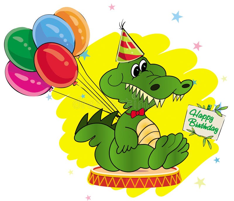 Greeting card cartoon Crocodile with balloons, happy birthday on stock illustration Greeting card cartoon Crocodile with balloons, happy birthday on stock illustration