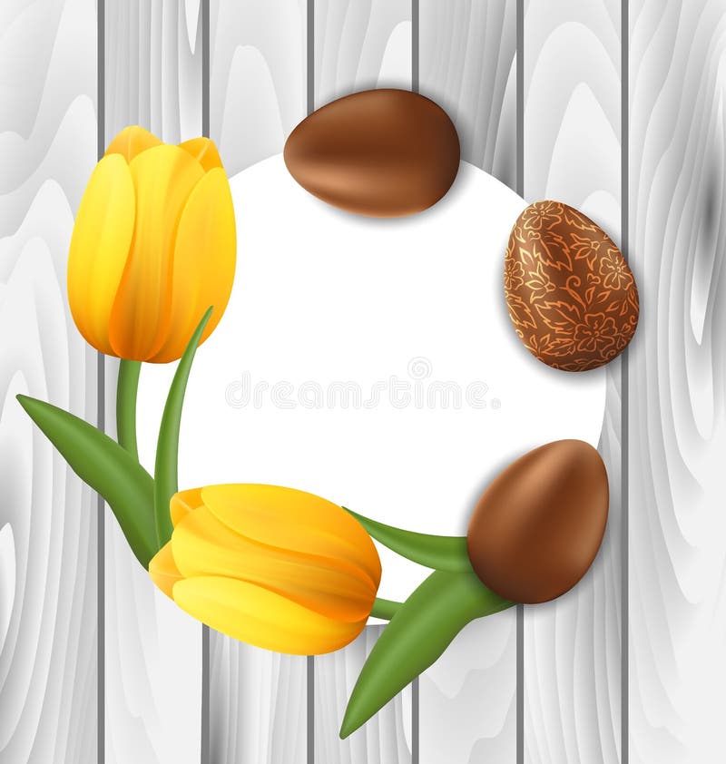 Greeting Card with Easter Chocolate Eggs and Yellow Tulips Flower