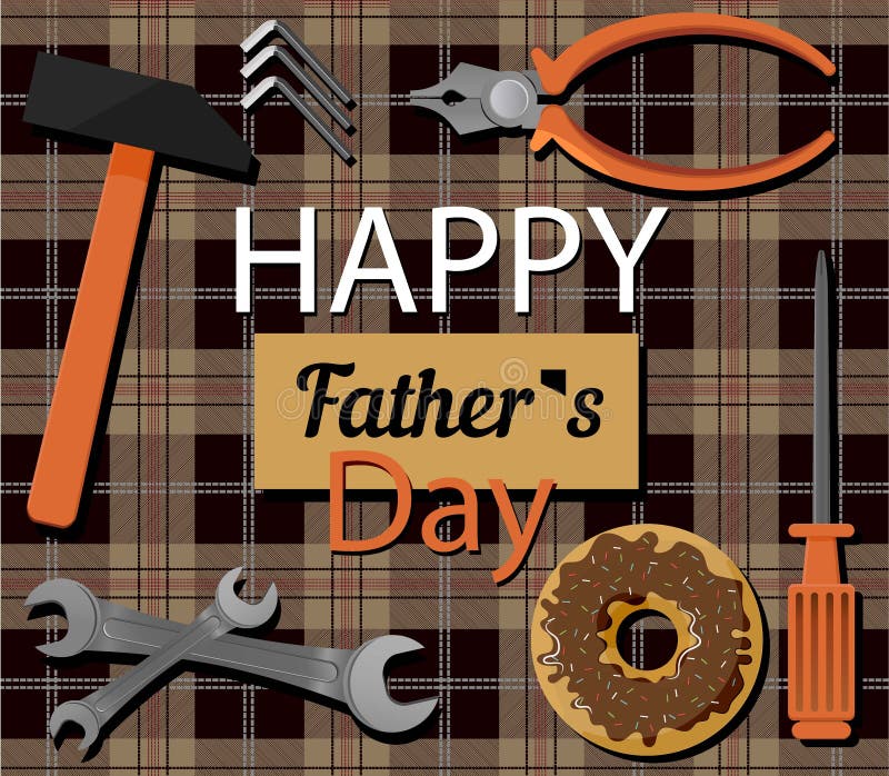 Greeting card with father s day, defender s day. Flat illustration of locksmiths tools, a festive doughnut and the