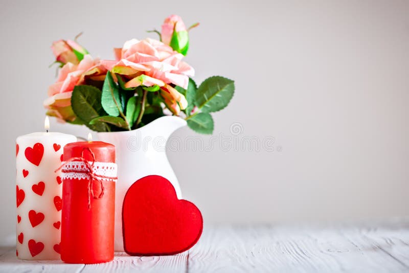 Greeting card with flowers and heart. Background with copy space. Selective focus. stock photo