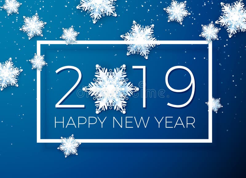 Greeting card Happy New Year 2019. Paper snowflakes on background of text in a white frame. Vector illustration royalty free illustration Greeting card Happy New Year 2019. Paper snowflakes on background of text in a white frame. Vector illustration royalty free illustration