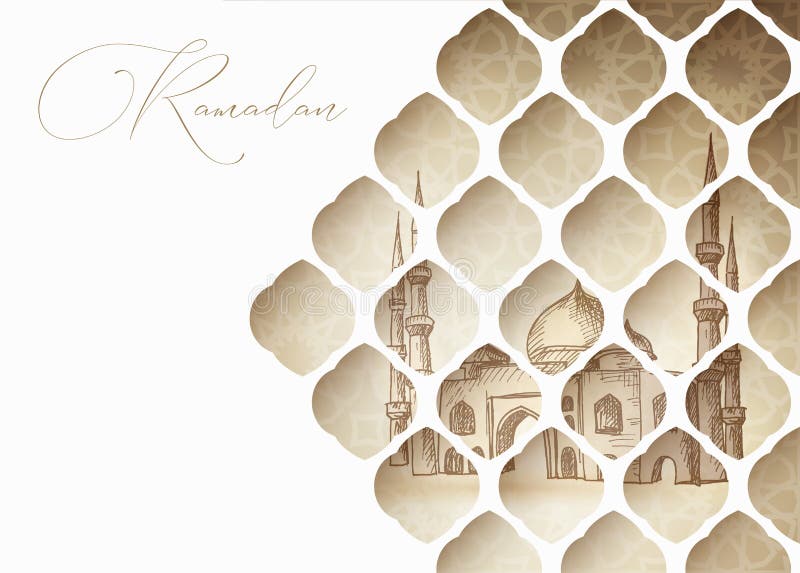 Greeting card, invitation for muslim holiday Ramadan Kareem. Hand drawn mosque. View through white cut paper oriental