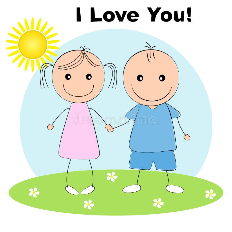 Greeting card with lovely couple young cute girl and boy holding hands. royalty free illustration Greeting card with lovely couple young cute girl and boy holding hands. royalty free illustration