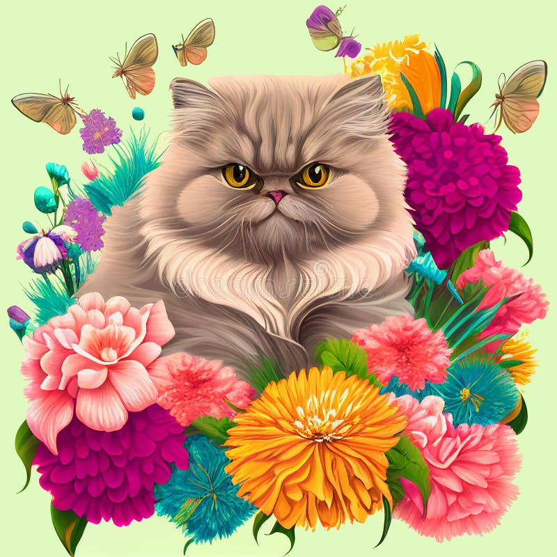 Greeting Card Persian Cat with Flowers, Poster Stock Illustration