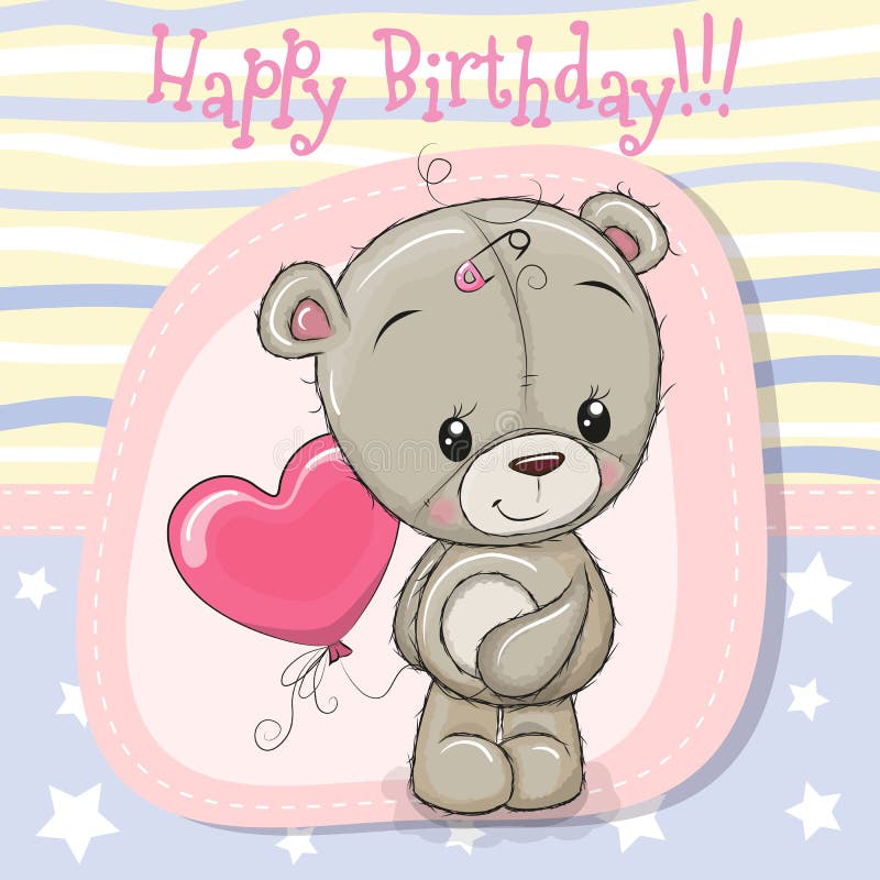 Greeting Card Teddy Bear Girl with Balloon Stock Vector - Illustration ...