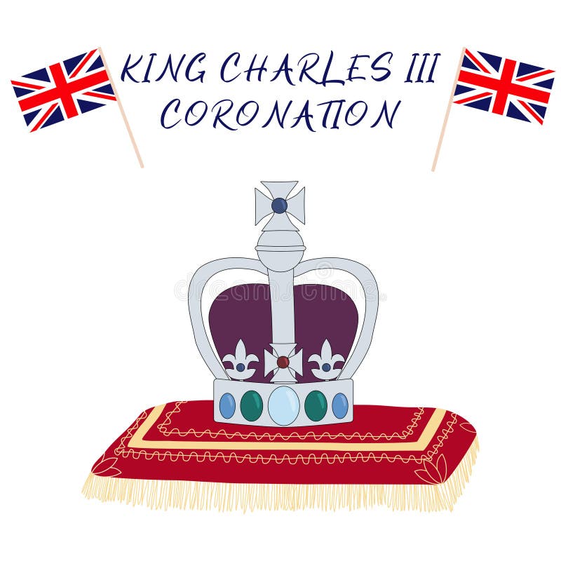 Poster for King Charles III coronation with British flags and crown on pillow, greeting card for celebrate a coronation of Prince Charles of Wales becomes King of England, vector illustration. Poster for King Charles III coronation with British flags and crown on pillow, greeting card for celebrate a coronation of Prince Charles of Wales becomes King of England, vector illustration