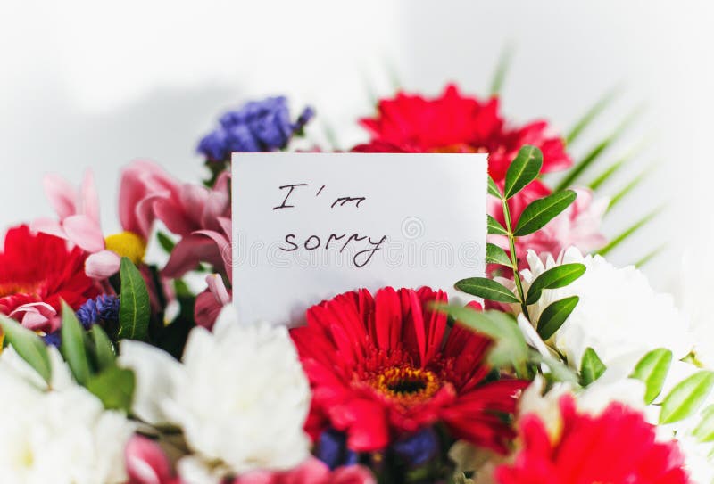 card with the words I`m sorry in a beautiful bright bouquet of flowers