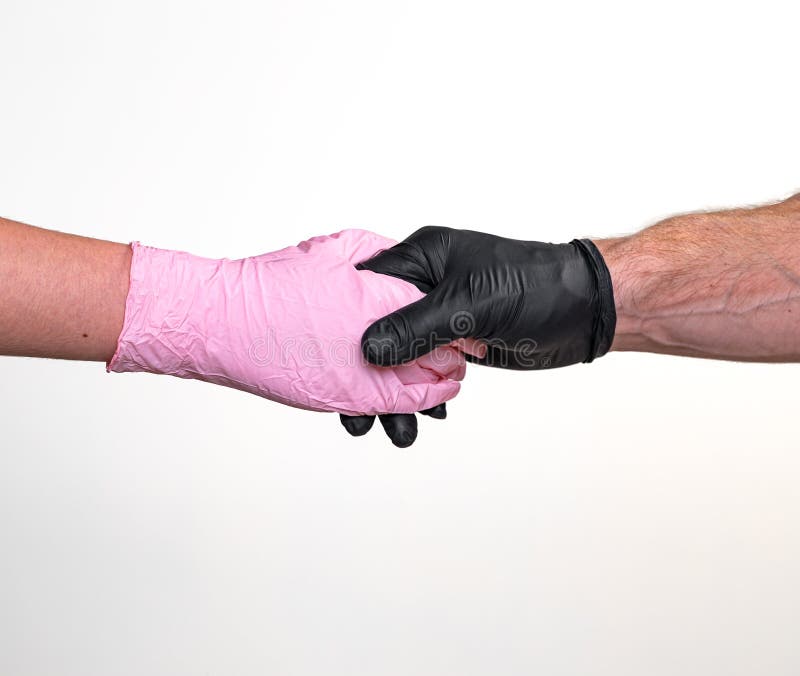 Greeting in Medical Protective Gloves Stock Photo Image of hands