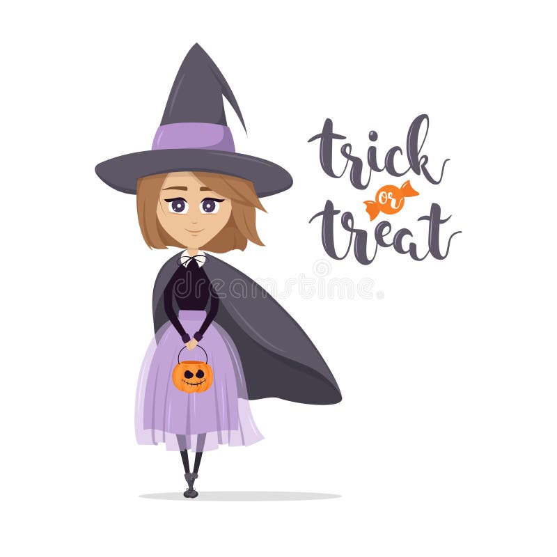 Cute witch with pumpkin and `trick or treat`Happy Halloween.