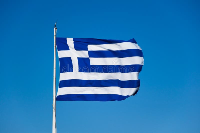 Grekisk flagga på akropolen av Aten, Grekland.