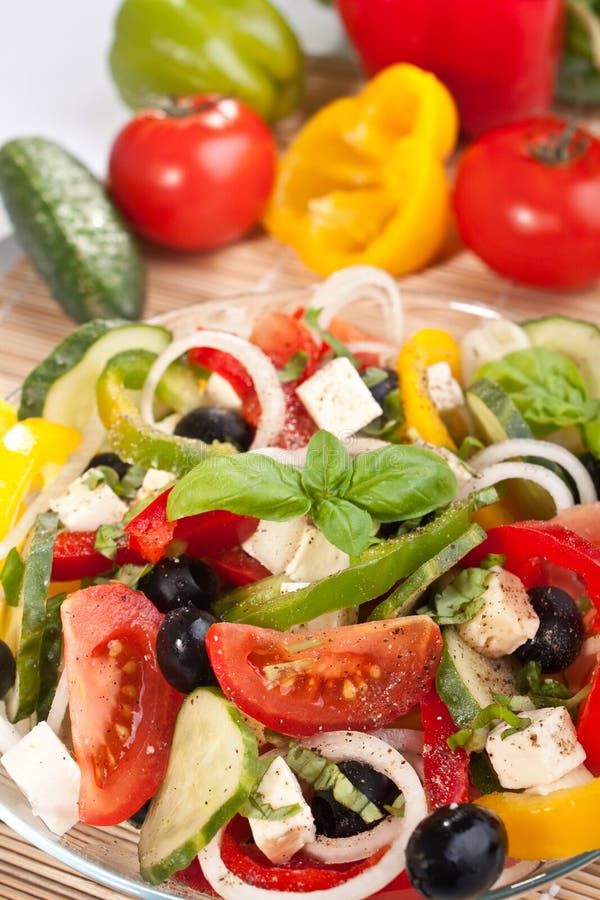 Healthy greek salad with ingredients. Healthy greek salad with ingredients