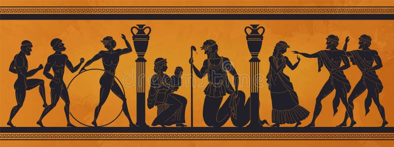 Grekisk mytologi Svart silhuetter av folk och gudar på lergods Arkeologiska mönster för vektorer