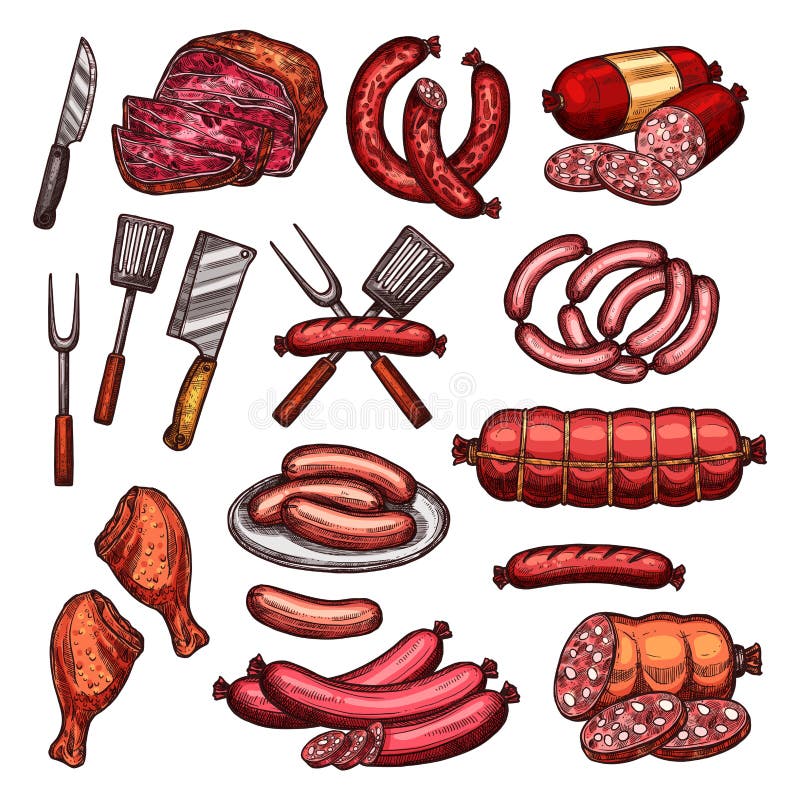 Grelhe o esboço da carne e da salsicha para o projeto do assado ilustração royalty free Grelhe o esboço da carne e da salsicha para o projeto do assado ilustração royalty free