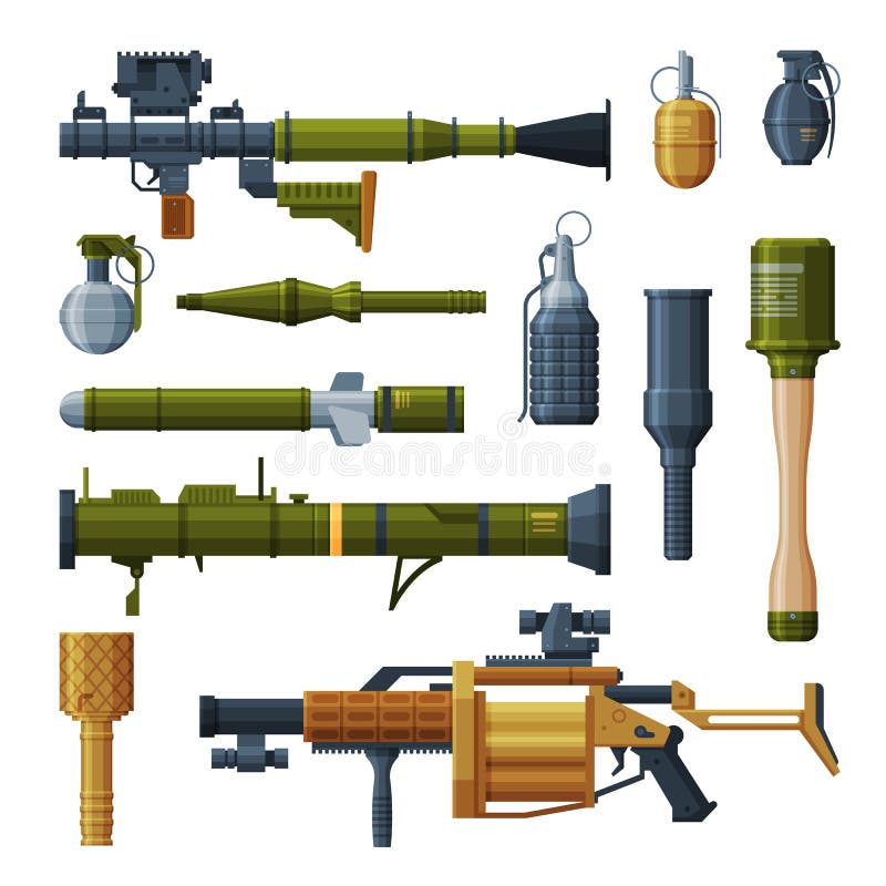 Grenade de mână și bazooka portabile cu lansatoare de rachete portabile cu armament militar de luptă împotriva obiectelor cu spect vector illustration