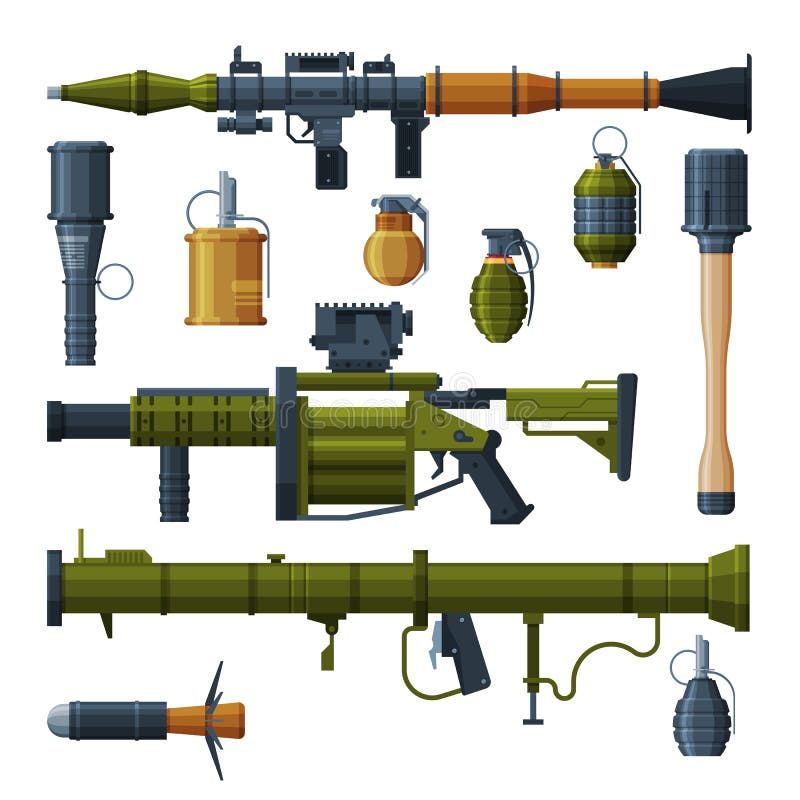 Grenade militare de mână și bazooka portabile de lansare a rachetelor de colectare a armamentului militar de luptă împotriva obiec stock illustration