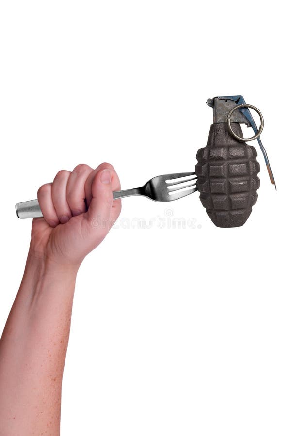 Grenade on fork isolated over a white background. Grenade on fork isolated over a white background