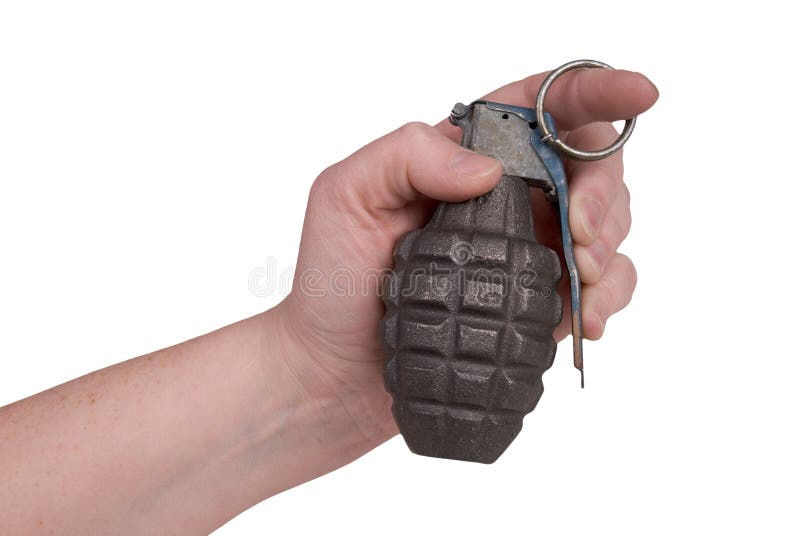 Hand grenade in a woman's hand isolated over a white background. Hand grenade in a woman's hand isolated over a white background