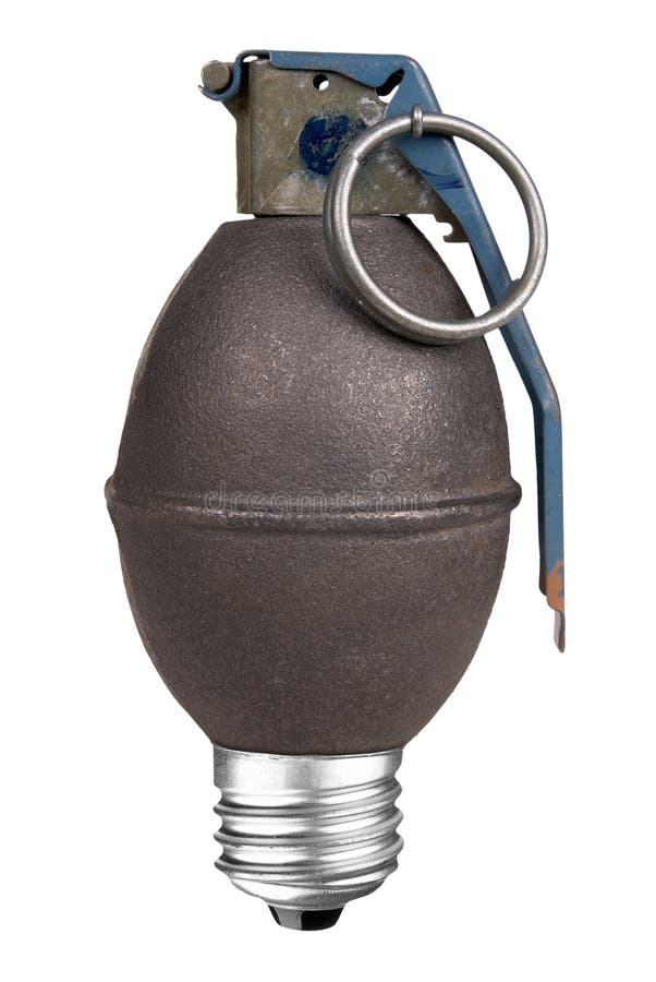 Lightbulb with hand grenade inside isolated over white with a clipping path. Lightbulb with hand grenade inside isolated over white with a clipping path