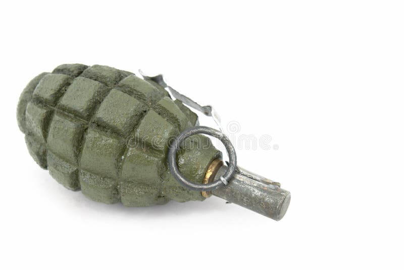 Soviet hand grenades (slang - pineapples) isolated over a white background. Fragmentation hand grenade, very effective used during the Second World War. Prototype - French F1 and English Lemon hand granade (1915). Soviet hand grenades (slang - pineapples) isolated over a white background. Fragmentation hand grenade, very effective used during the Second World War. Prototype - French F1 and English Lemon hand granade (1915)