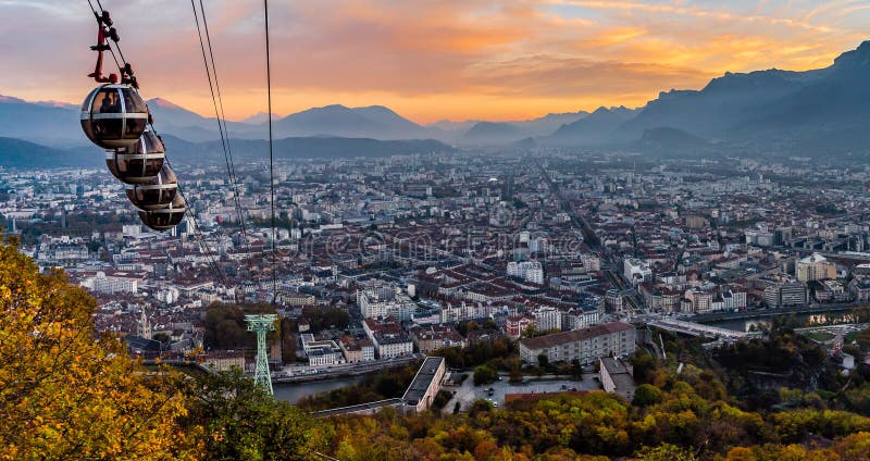 Grenoble and cable cars in the sunset stock photos Grenoble and cable cars in the sunset stock photos