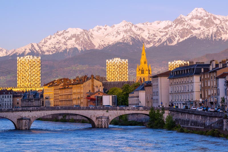 Grenoble France Historical City Center And Alps Mountains Stock Image Image Of Dusk France