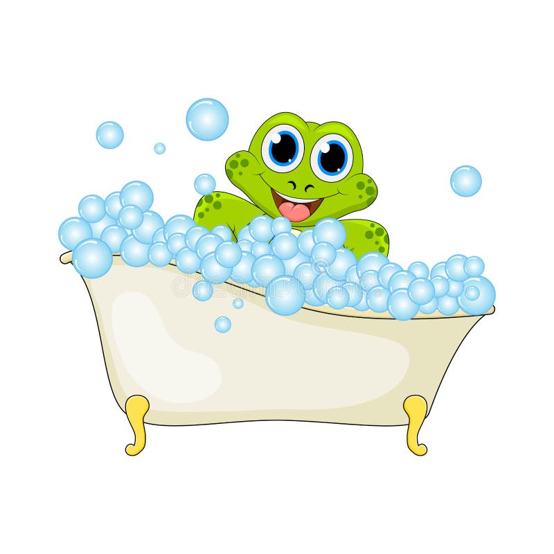 Grenouille de bande dessinée dans le bain de mousse d'isolement sur le fond blanc illustration libre de droits Grenouille de bande dessinée dans le bain de mousse d'isolement sur le fond blanc illustration libre de droits